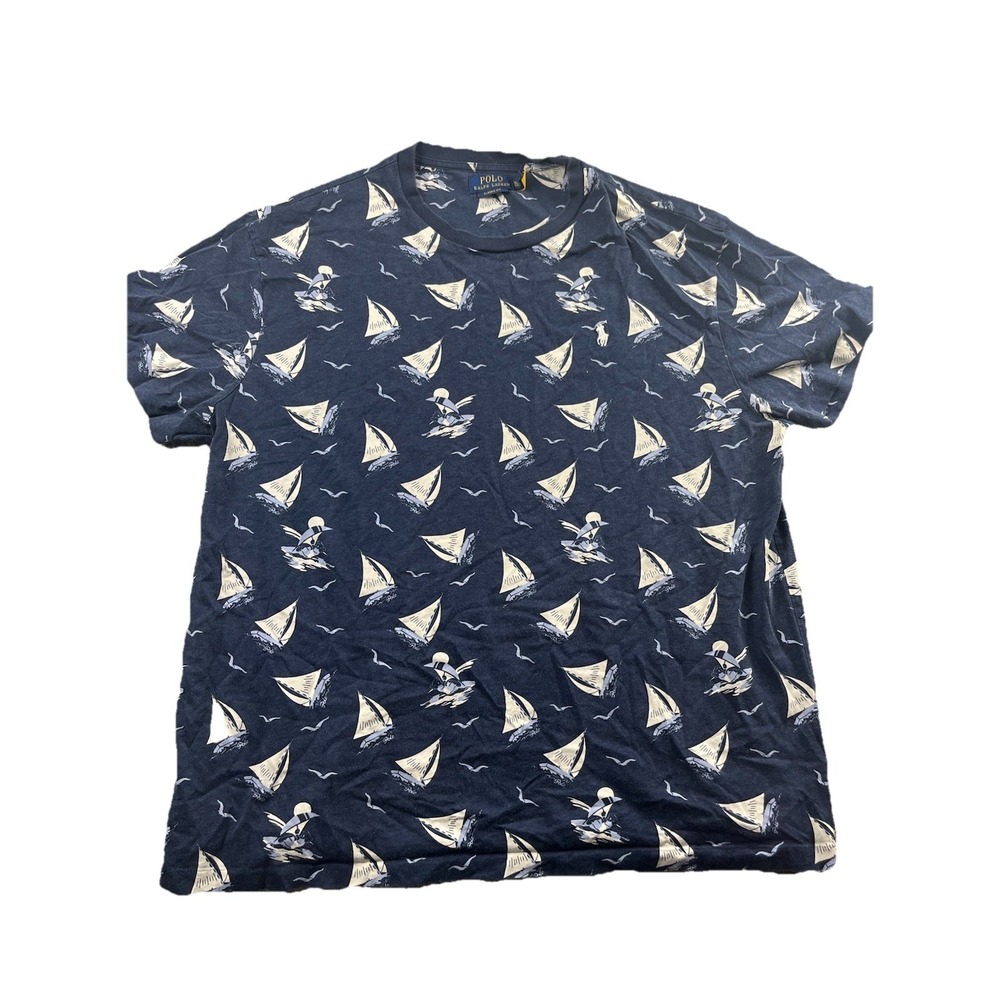 Polo Ralph Lauren Crew T-Shirt Men XL Blue Nautical Sailboat All Over Print Pony